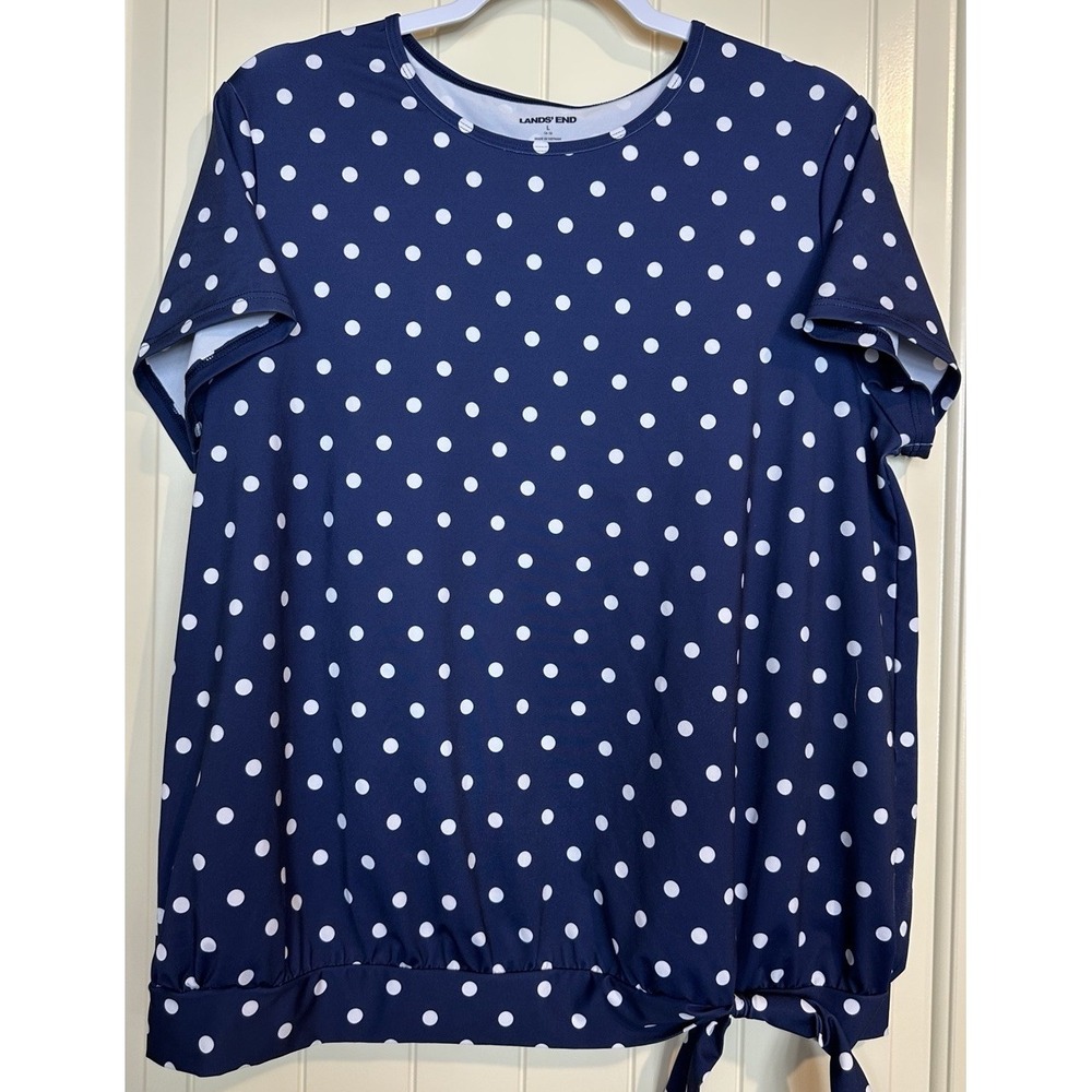 Lands' End Polka Dot Side tie Top Blouse Shirt Womens L Blue Polka Dot Career